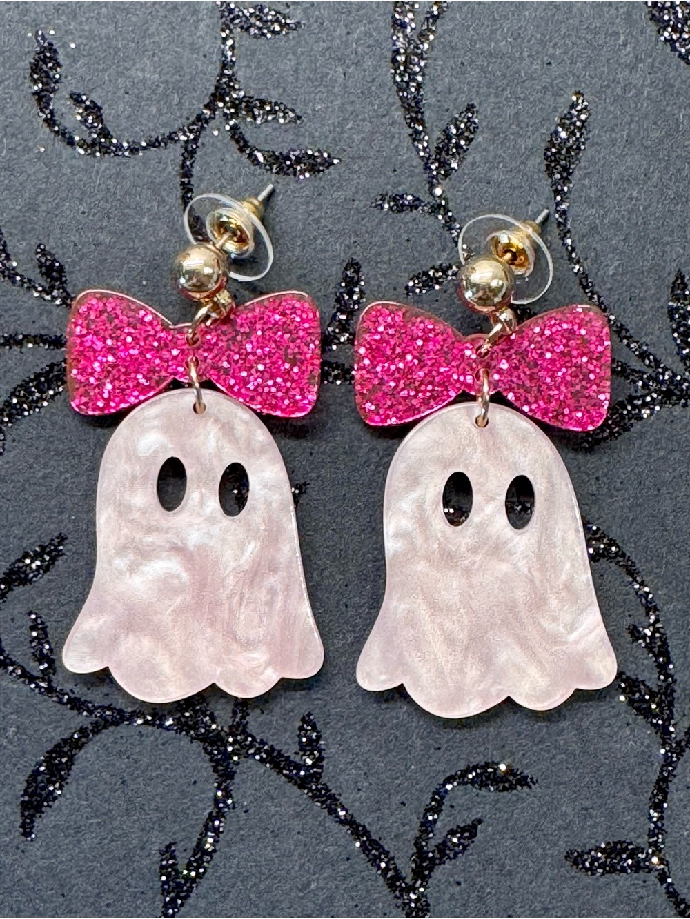 New Halloween Pink Pearlescent Ghost w/ Glitter Bow Acrylic Dangle Earrings - 2”
